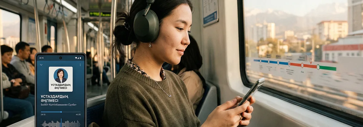 Алматы журналисті подкаст интро жазу кезінде