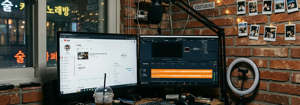 유튜브 콘텐츠 크리에이터가 내레이션을 편집하는 작업 환경