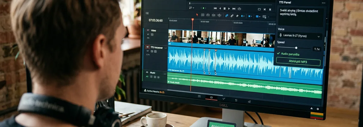 Vilniaus YouTube kūrėjas įrašinėja balso takelį su lietuvišku AI balsu