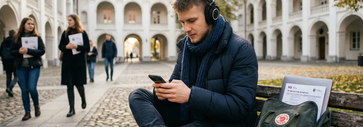 Studentai universiteto auditorijoje klauso audio pamokos su lietuvišku AI balsu