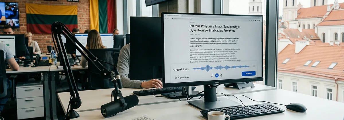 Žurnalistas Vilniaus redakcijoje ruošia podkastą su lietuvišku AI balsu