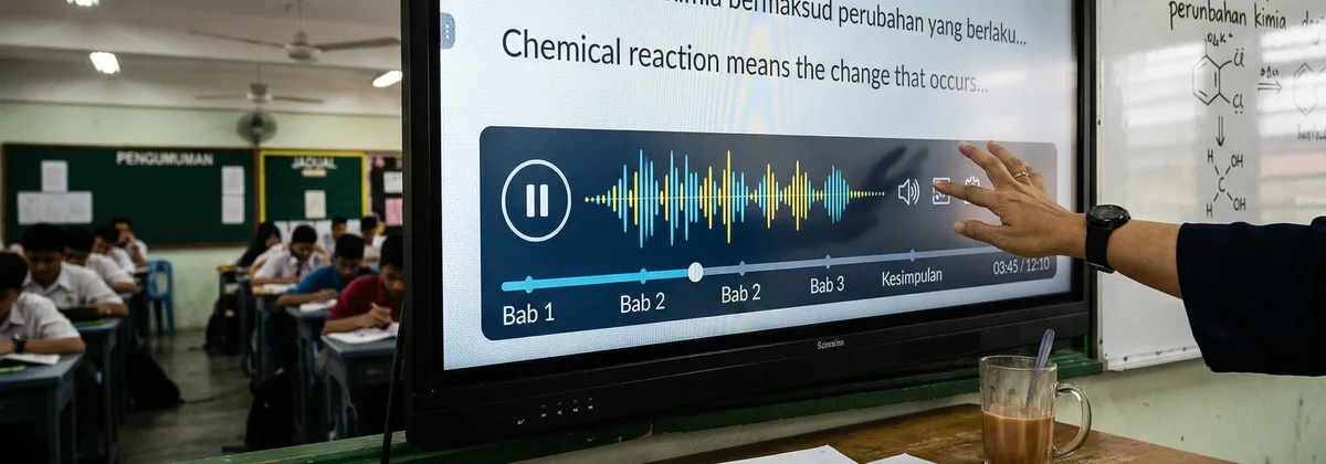 Pelajar menggunakan e-pembelajaran dengan suara AI dalam dwibahasa