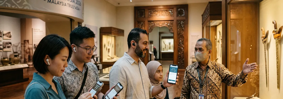 Pelancong menggunakan audio guide pelbagai bahasa di muzium Malaysia
