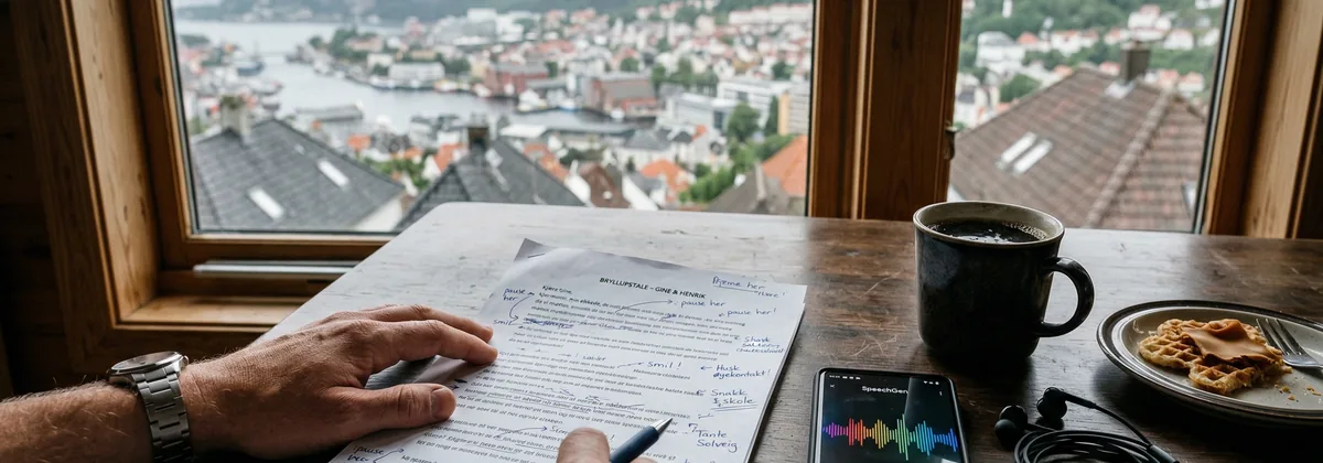 Bryllupsplanlegger øver på tale ved et trebord i et hus på Fløyen med Bergen i bakgrunnen