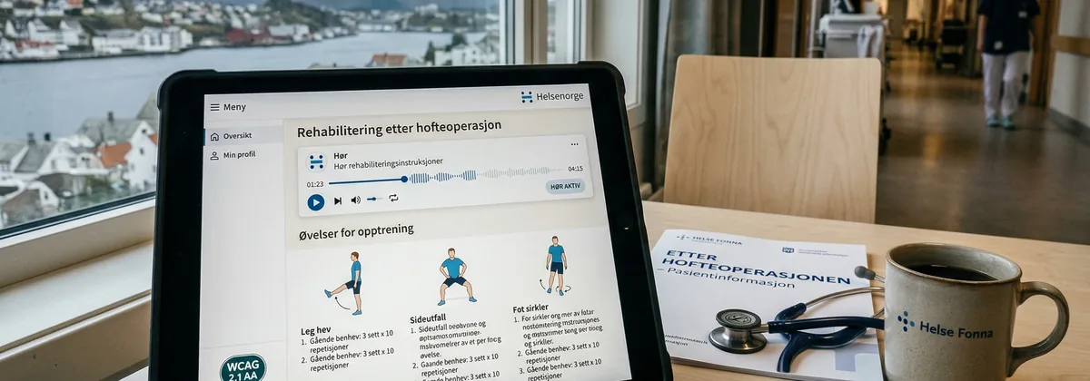Sykepleier leser preoperativ pasientinformasjon på et nettbrett i korridoren på et helseforetak på Vestlandet