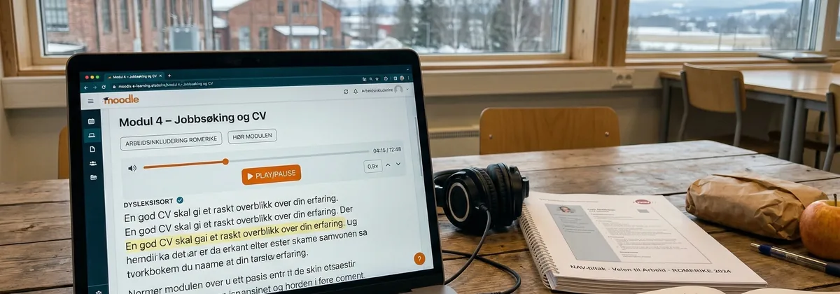 Voksen kursdeltaker lytter til lydversjonen av et arbeidsinkluderingskurs via hodetelefoner i et klasserom på Romerike