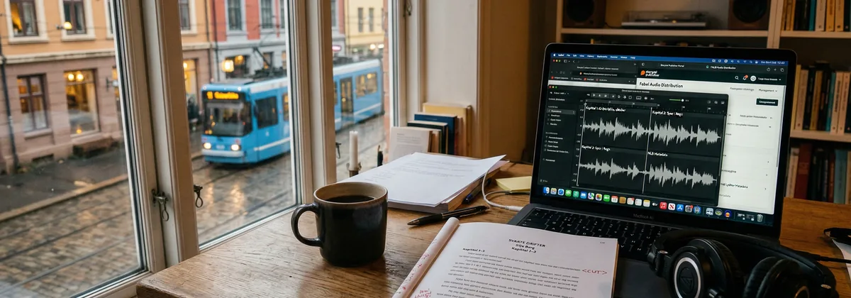 Selvutgivende forfatter sitter ved et skrivebord med manuskript og hodetelefoner i en leilighet på Grünerløkka i Oslo, lydbokformatering synlig på skjermen