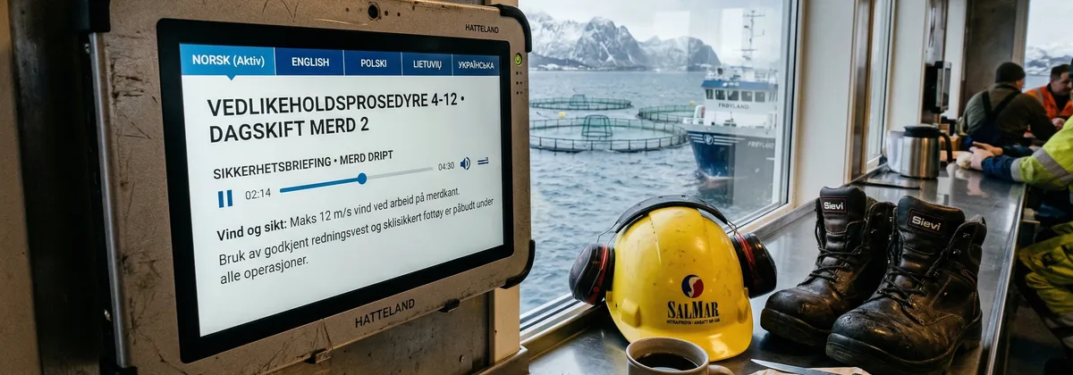 HSE-koordinator viser sikkerhetsbrief på en storskjerm i kantinen på et lakseoppdrettsanlegg ved kysten med arbeidsutstyr synlig