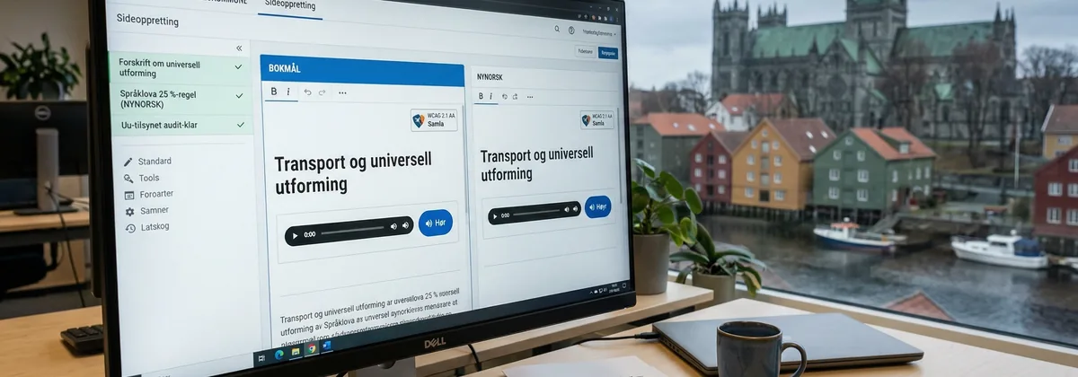 Digitaliseringsrådgiver arbeider med en nettside som har lytt-knapp og nynorsk språkvelger på en bærbar datamaskin i Trondheim