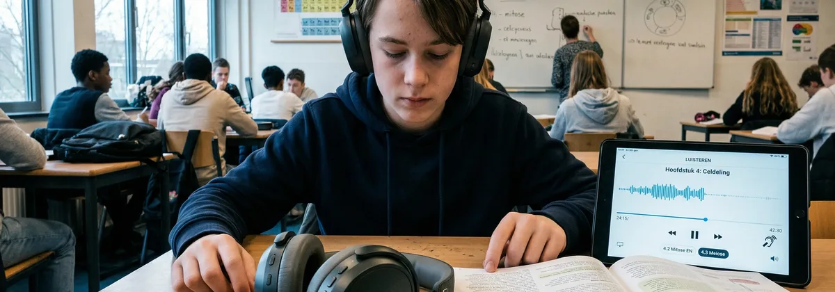 Leerling met koptelefoon luistert naar audioversie van lesmateriaal op een middelbare school