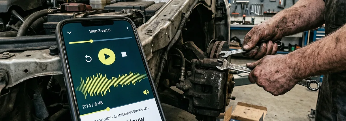 Monteur luistert naar audio-instructie met vieze handen onder de motorkap