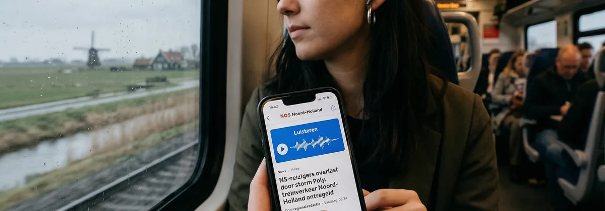 Smartphone met audioplayer op een regionaal nieuwsportaal in de trein