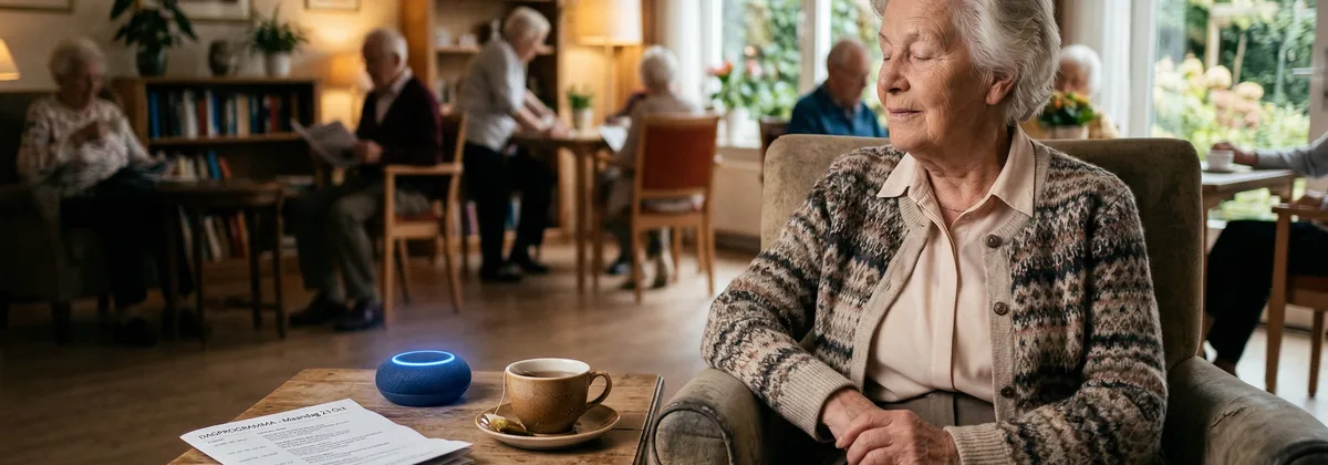 Oudere bewoner luistert naar audiorooster via een tablet in een zorginstelling