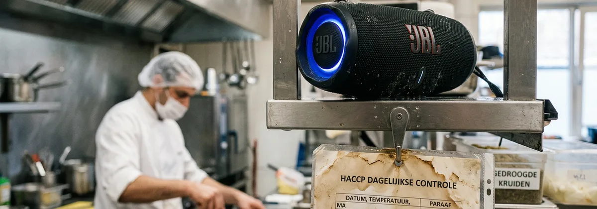 Medewerker luistert naar HACCP-audioinstructie voor de shift in een bedrijfskantine