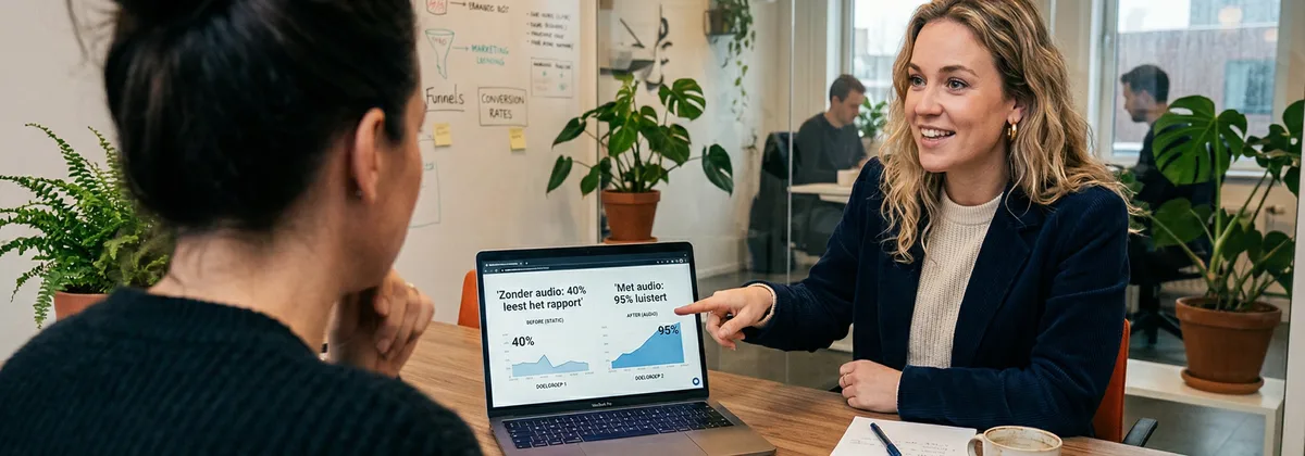 Digital agency team bekijkt WordPress dashboard met audioplayer-plugin in Apeldoorn