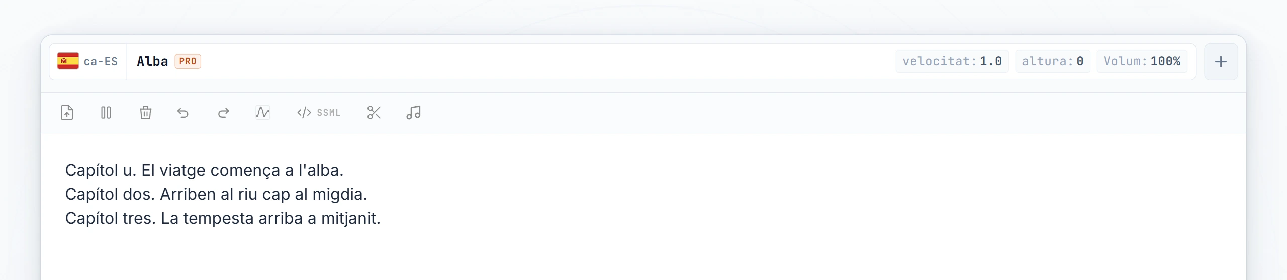 Tres capítols d'audiollibre escrits; cursor col·locat entre el capítol 1 i el capítol 2