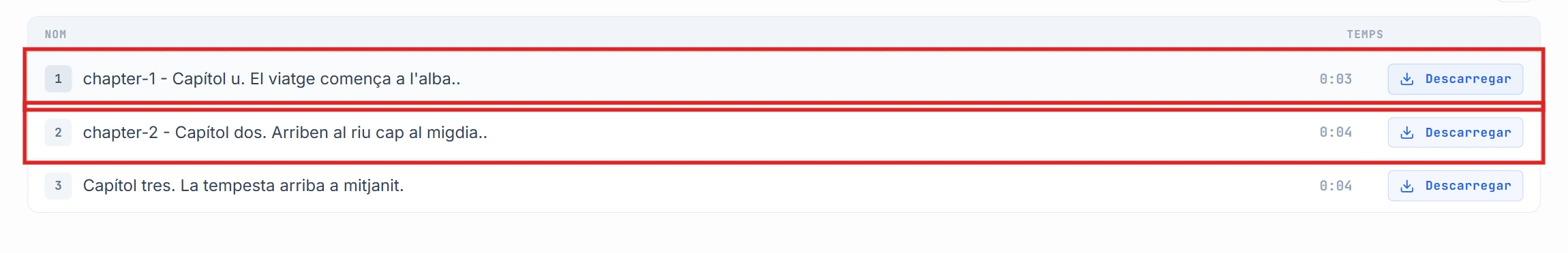 Llista de segments amb les files chapter-1 i chapter-2 destacades