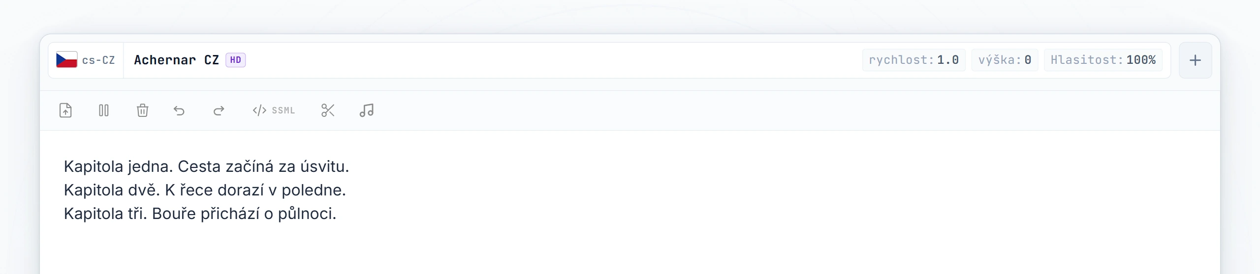 Tři kapitoly audioknihy napsané; kurzor umístěný mezi kapitolou 1 a kapitolou 2