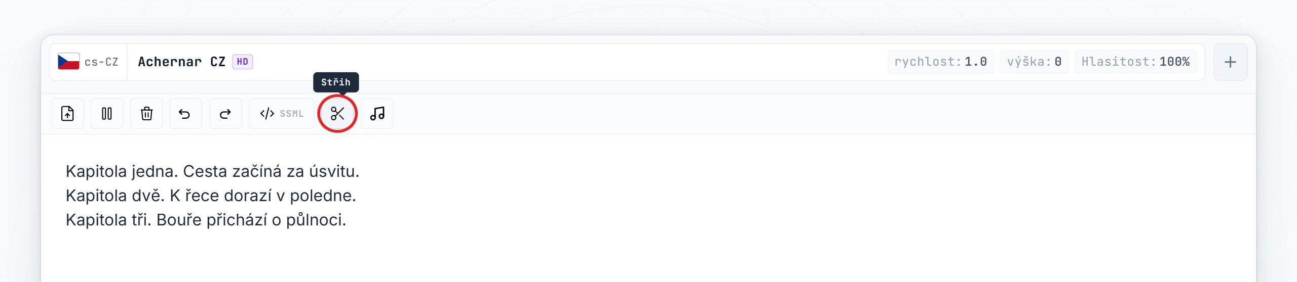 Tlačítko Cut zvýrazněné v panelu nástrojů editoru (stav hover)