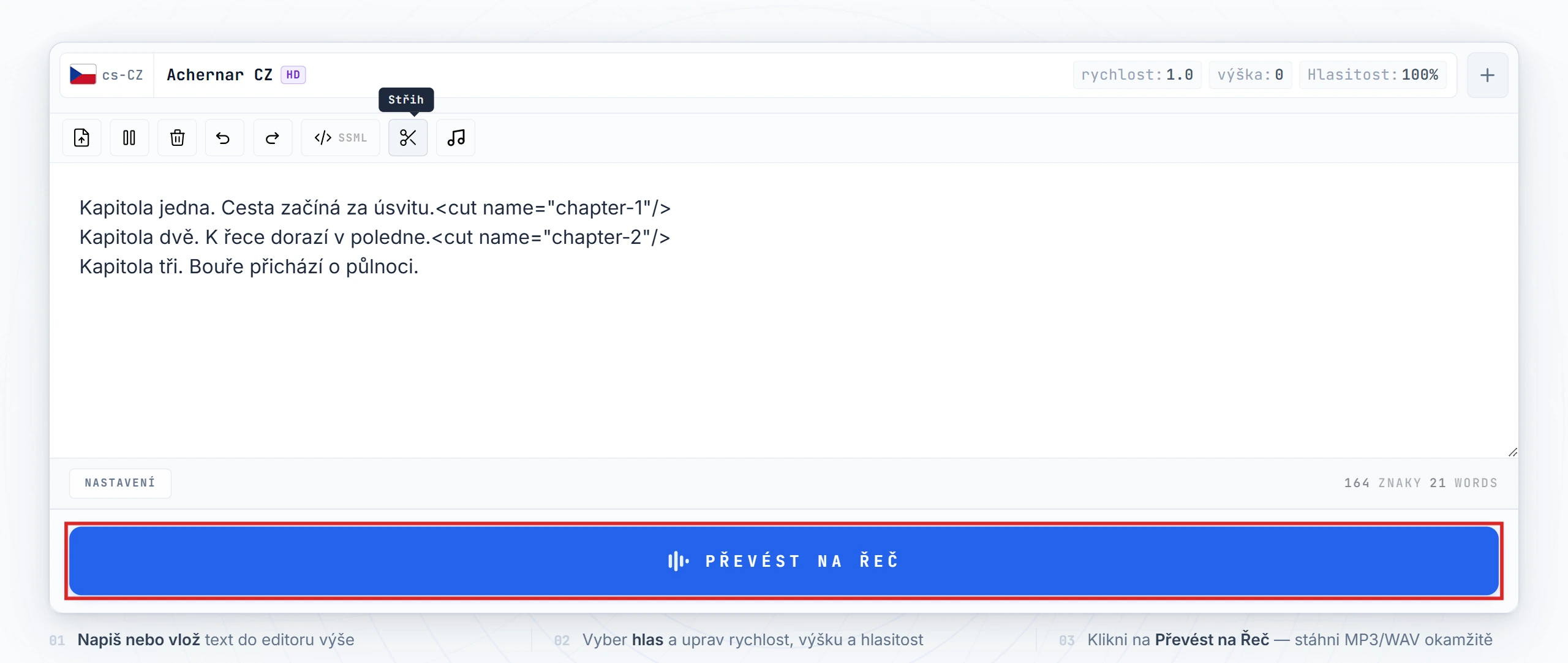 Tlačítko Převést na řeč zvýrazněné