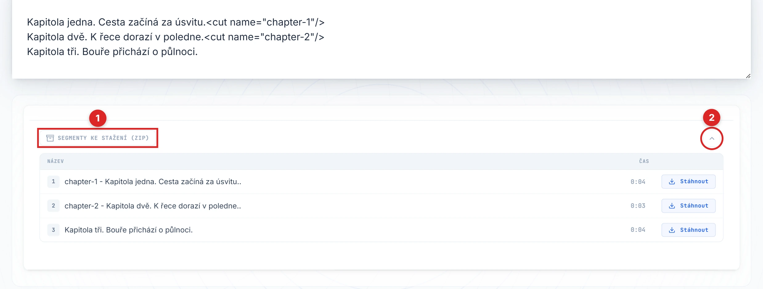 Tlačítka Stáhnout segmenty a šipka zvýrazněná na panelu výsledku