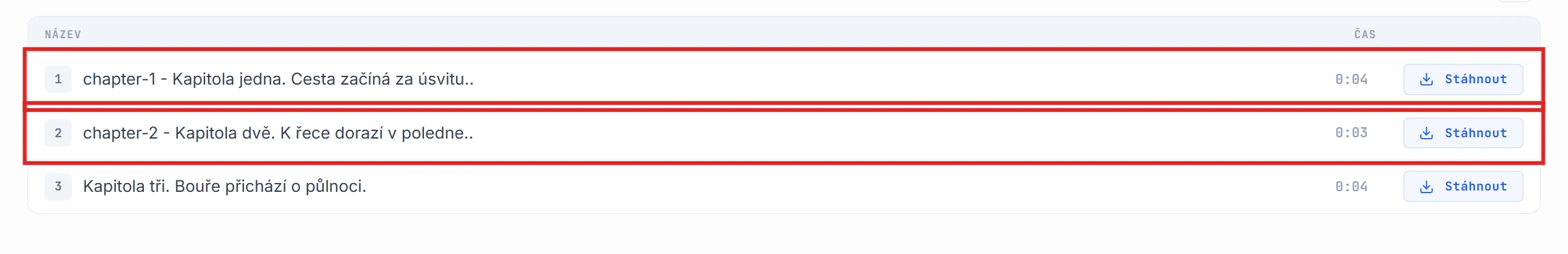 Seznam segmentů s řádky chapter-1 a chapter-2 zvýrazněnými