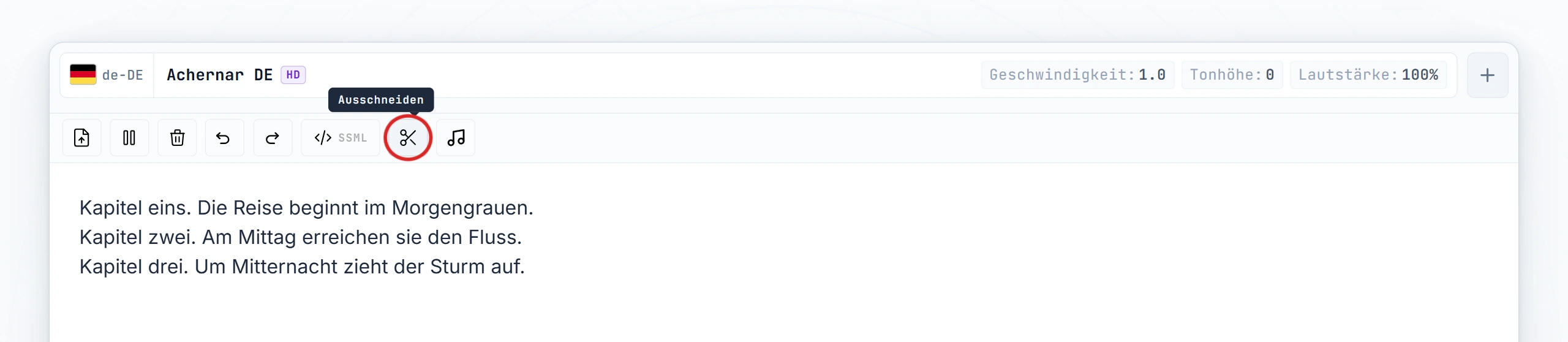 Cut-Button in der Editor-Werkzeugleiste hervorgehoben (Hover-Zustand)