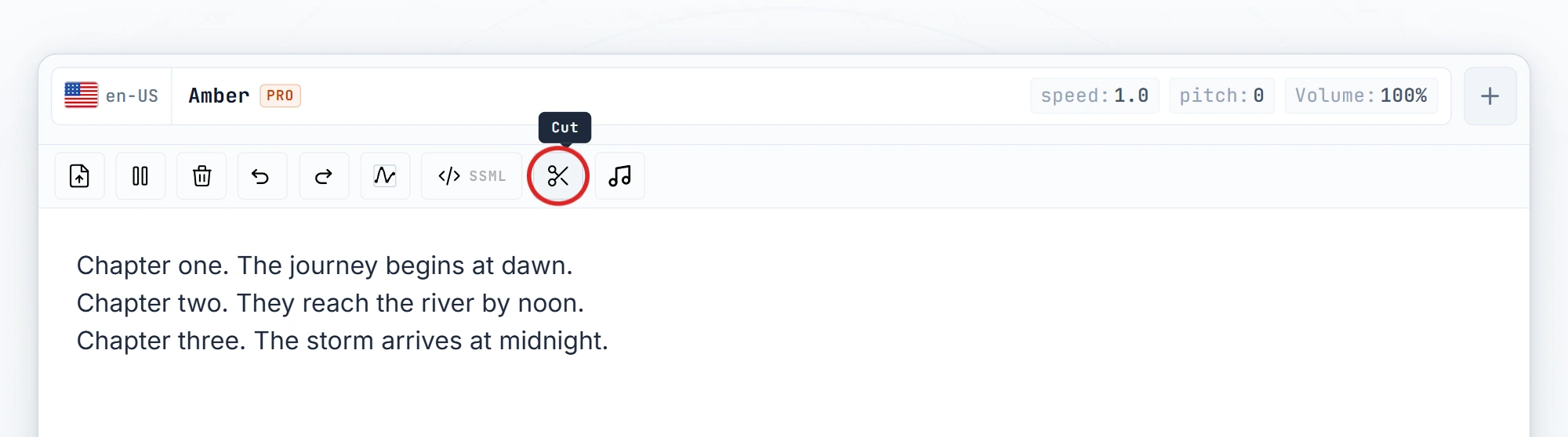 Cut button highlighted in the editor toolbar (hover state)