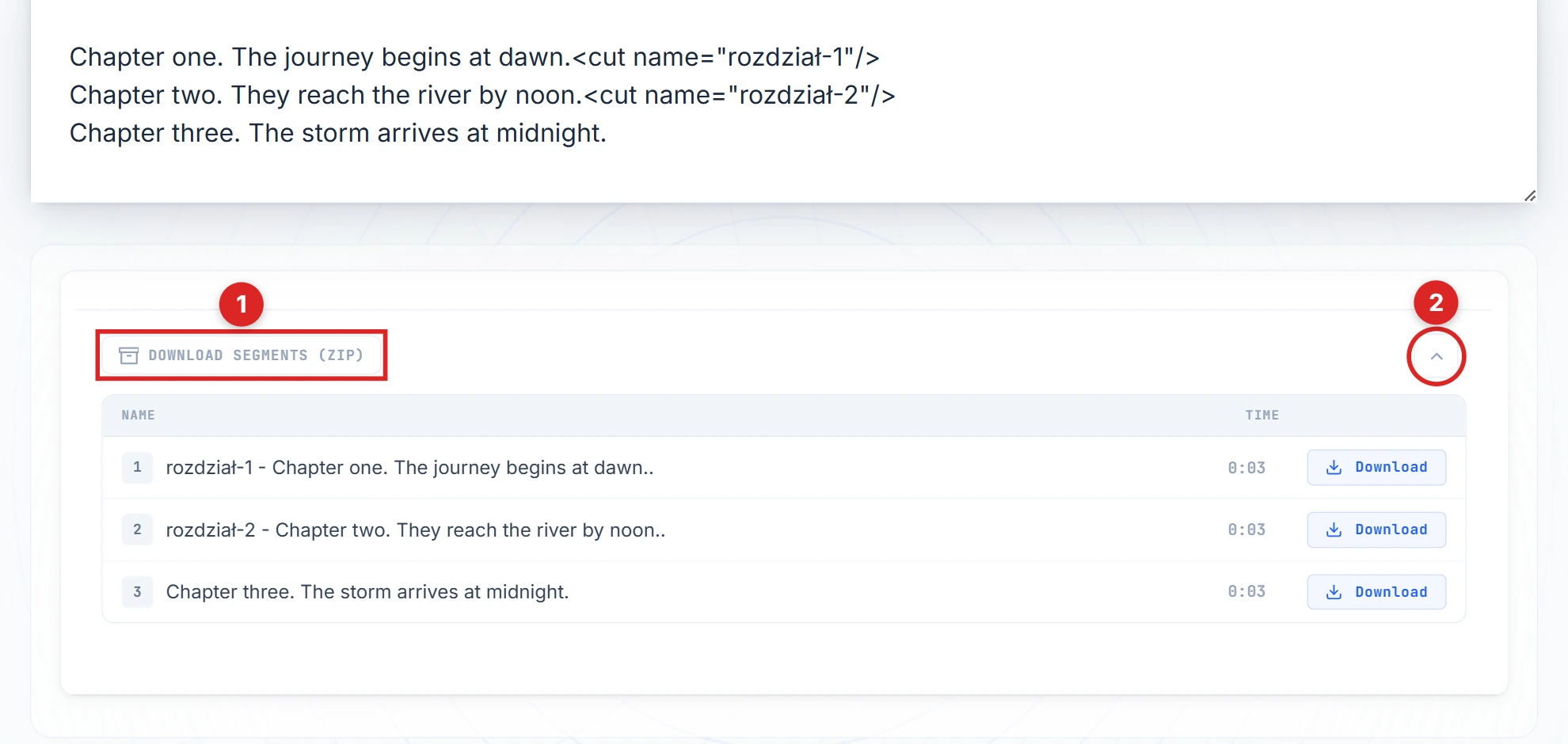 Download segments and chevron buttons highlighted on the result panel