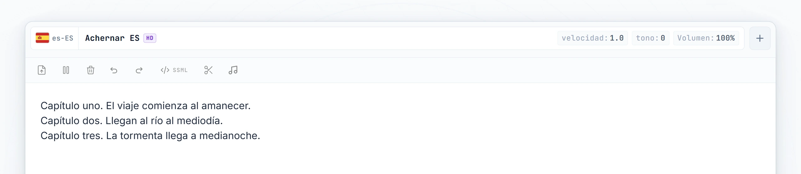Tres capítulos de audiolibro escritos; cursor colocado entre el capítulo 1 y el capítulo 2
