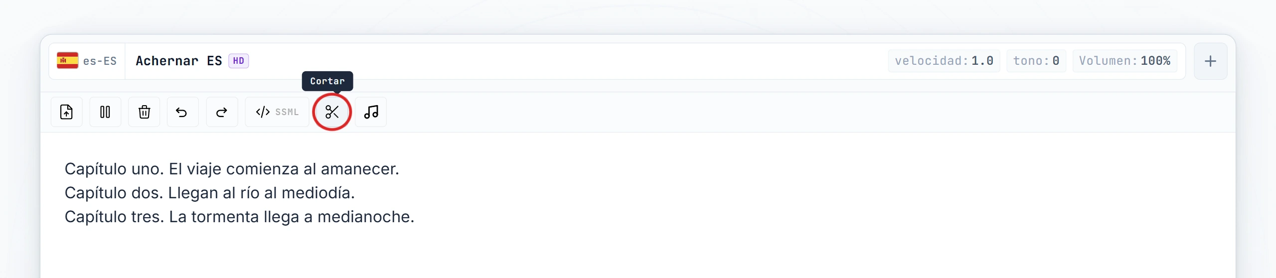 Botón Cortar resaltado en la barra de herramientas del editor (estado hover)