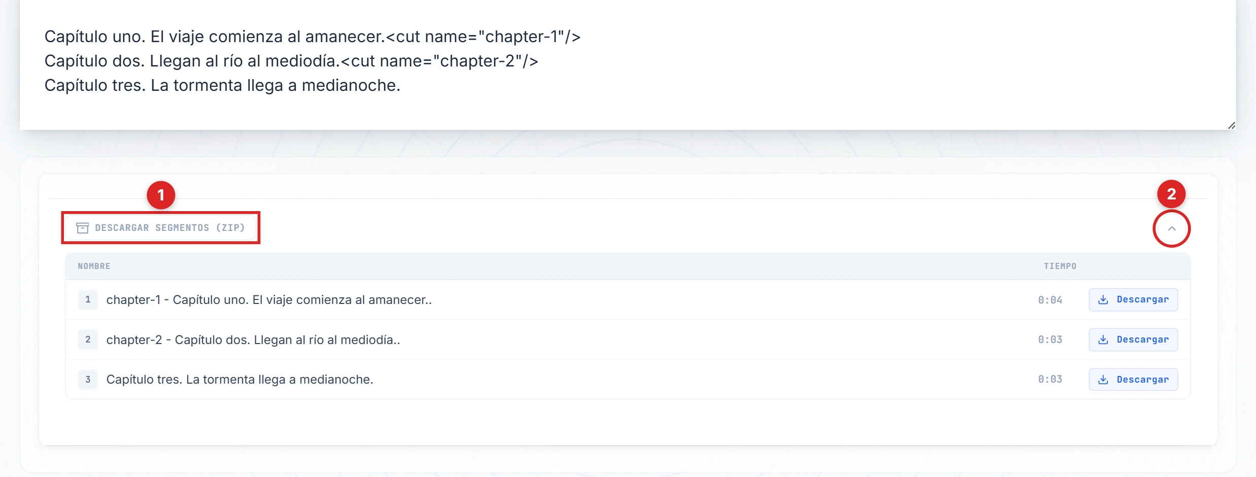 Botones Descargar segmentos y chevron resaltados en el panel de resultado