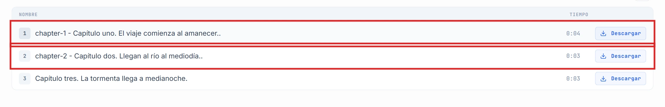 Lista de segmentos con las filas chapter-1 y chapter-2 resaltadas