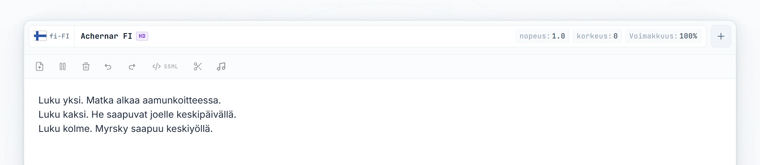 Kolme äänikirjan lukua kirjoitettuna; kohdistin asetettuna luvun 1 ja luvun 2 väliin
