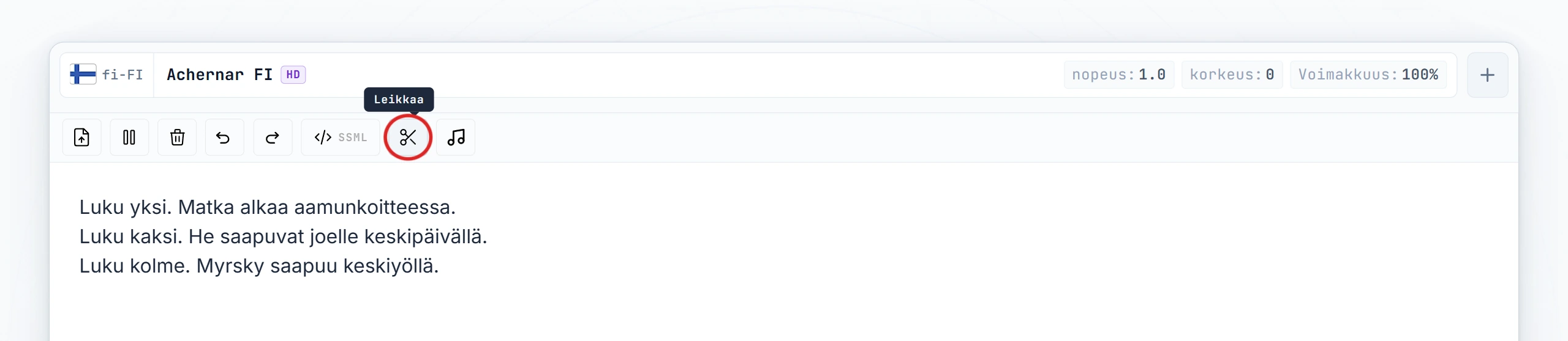 Leikkaa-painike korostettuna editorin työkalupalkissa (hover-tila)
