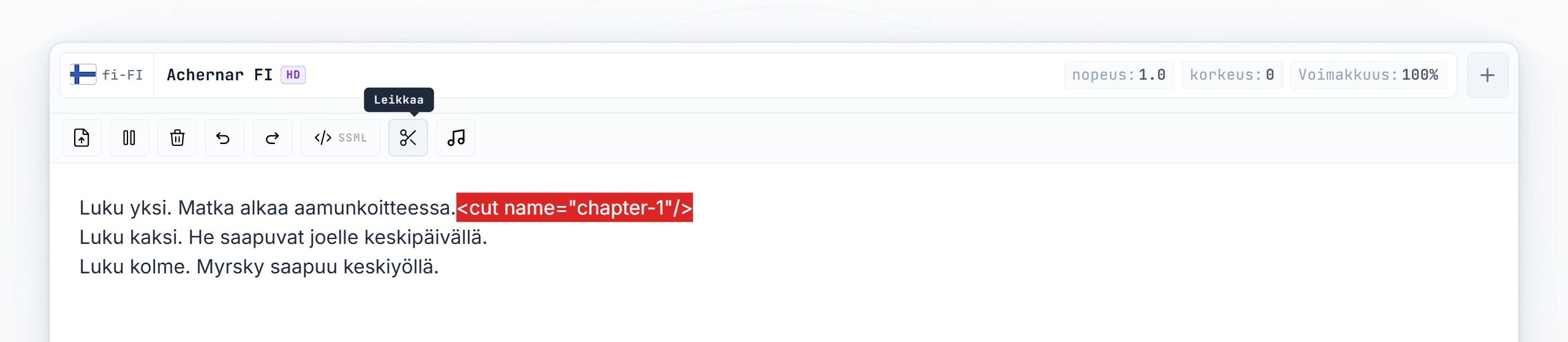 Kolme segmenttiä tuotettuna ensimmäisen Muunna-painalluksen jälkeen