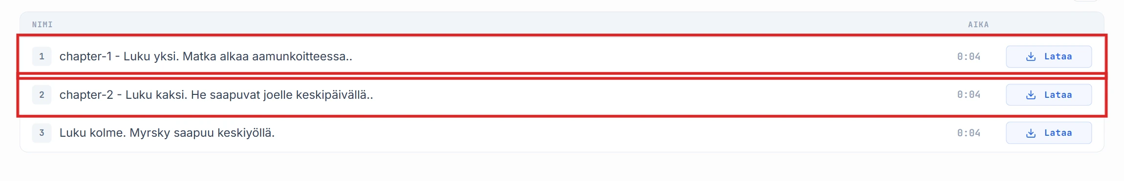 Segmenttilista, jossa rivit chapter-1 ja chapter-2 korostettuina