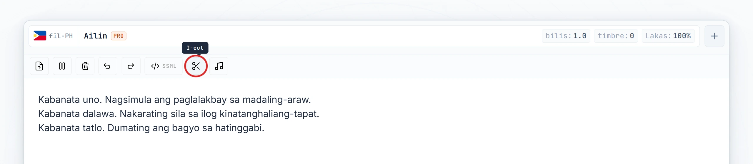 Cut button na naka-highlight sa editor toolbar (hover state)
