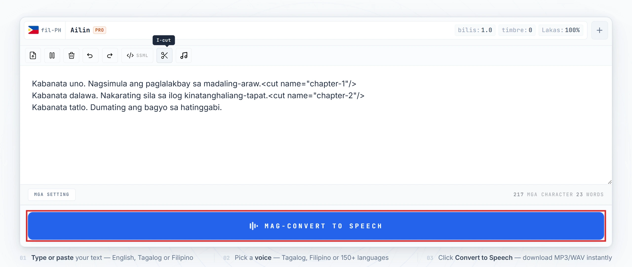 Convert to Speech button na naka-highlight