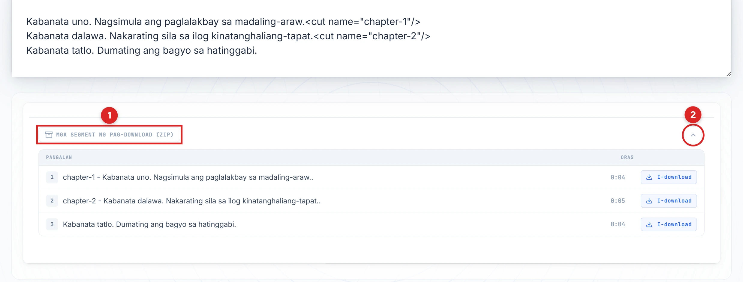 Download segments at chevron buttons na naka-highlight sa result panel