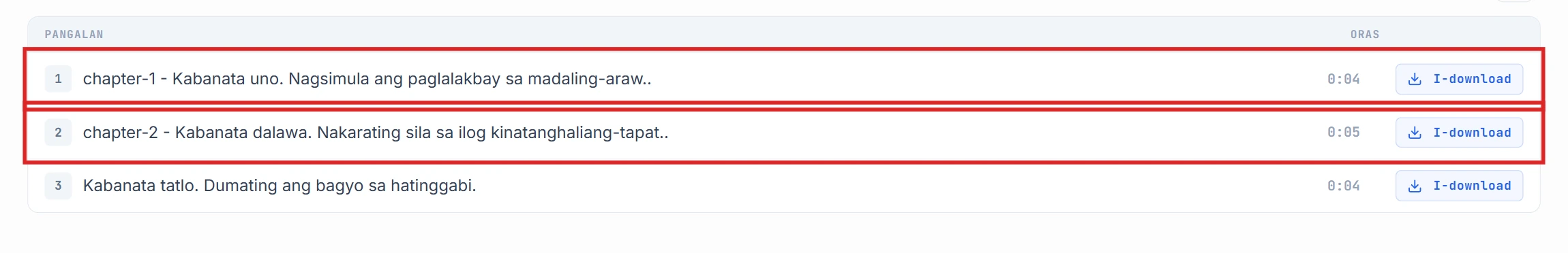 Segment list na may naka-highlight na chapter-1 at chapter-2 rows
