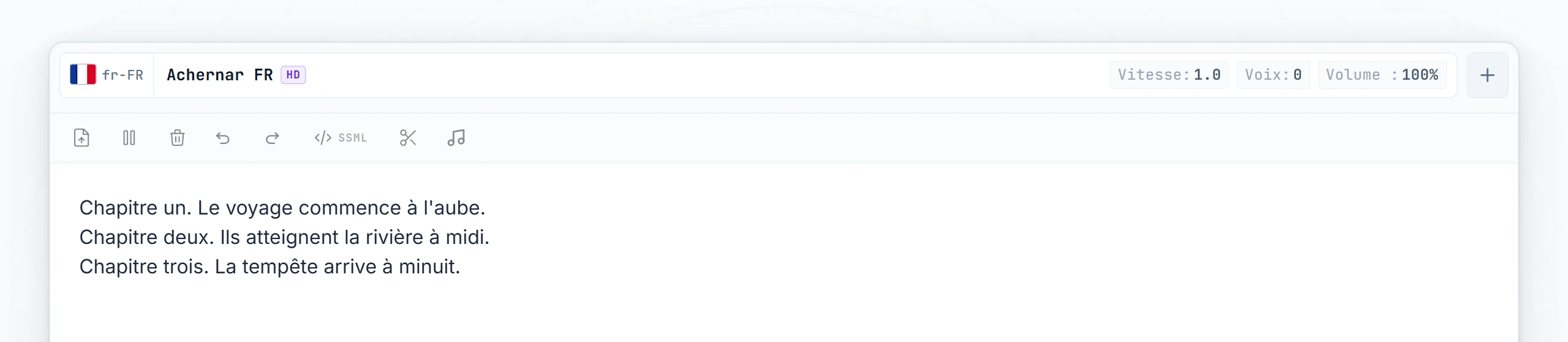 Trois chapitres de livre audio tapés ; curseur placé entre le chapitre 1 et le chapitre 2