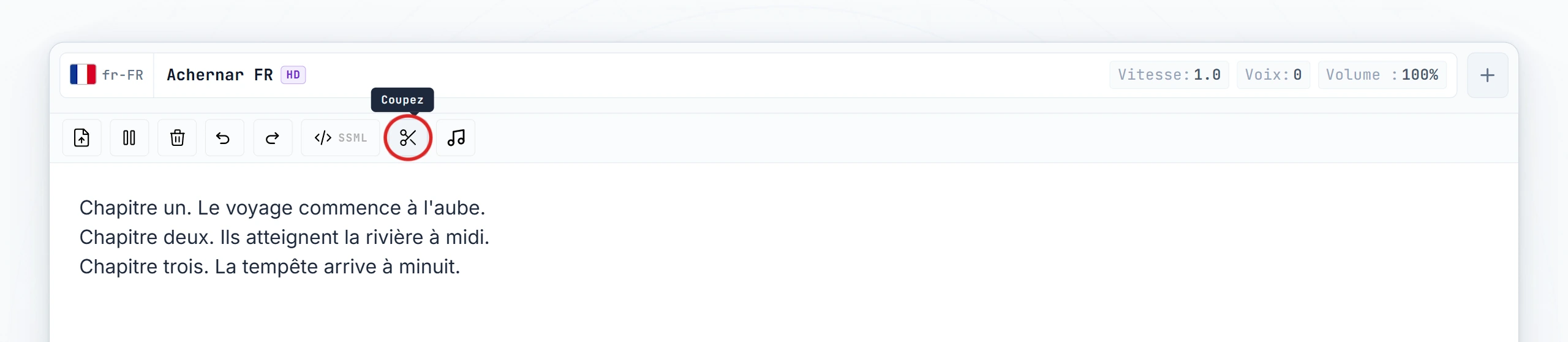 Bouton Couper mis en évidence dans la barre d'outils de l'éditeur (état survol)