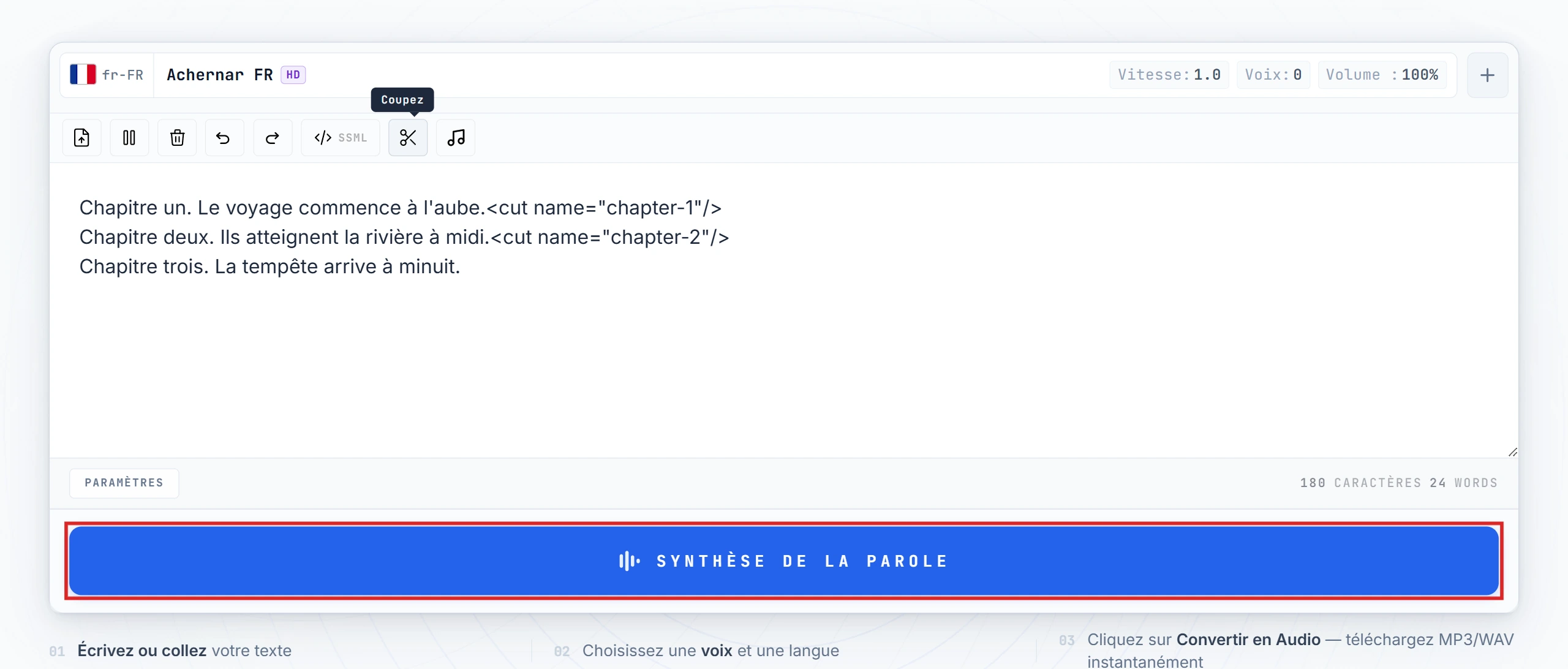 Bouton Convertir en voix mis en évidence