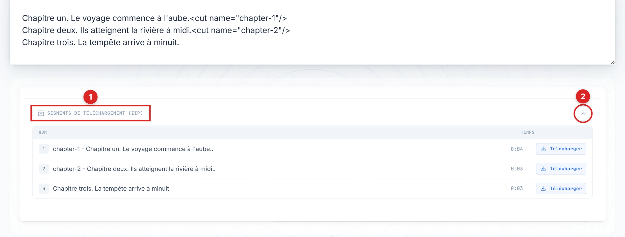 Boutons Télécharger les segments et chevron mis en évidence sur le panneau de résultat