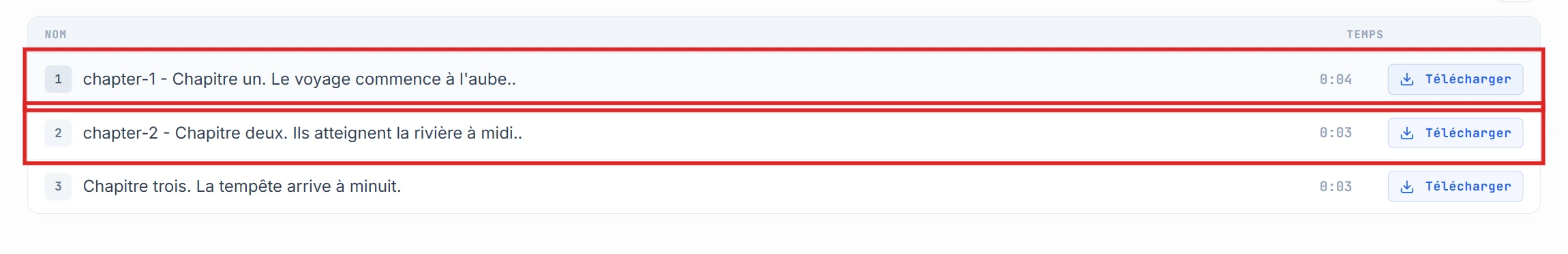 Liste des segments avec les lignes chapter-1 et chapter-2 mises en évidence