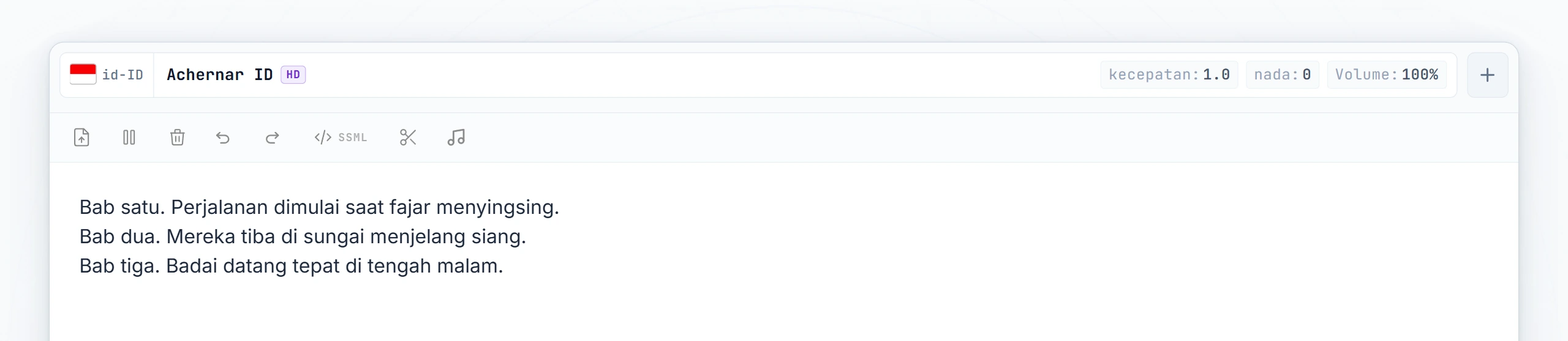 Tiga bab audiobook telah diketik; kursor diletakkan di antara bab 1 dan bab 2