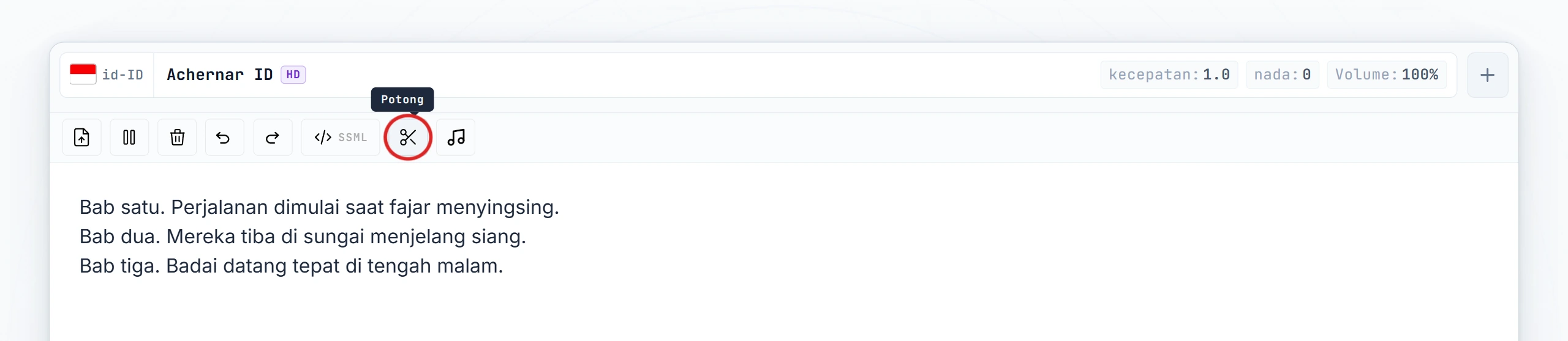 Tombol Cut tersorot di toolbar editor (status hover)
