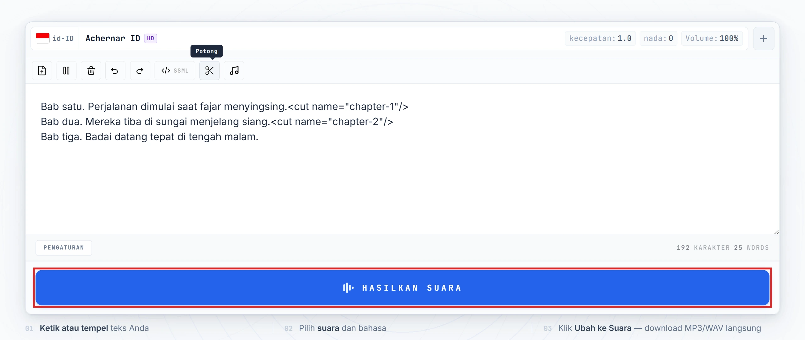 Tombol Convert to Speech tersorot