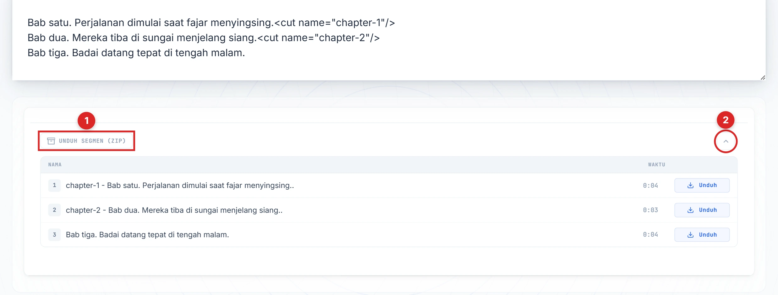 Tombol Unduh segmen dan chevron tersorot di panel hasil